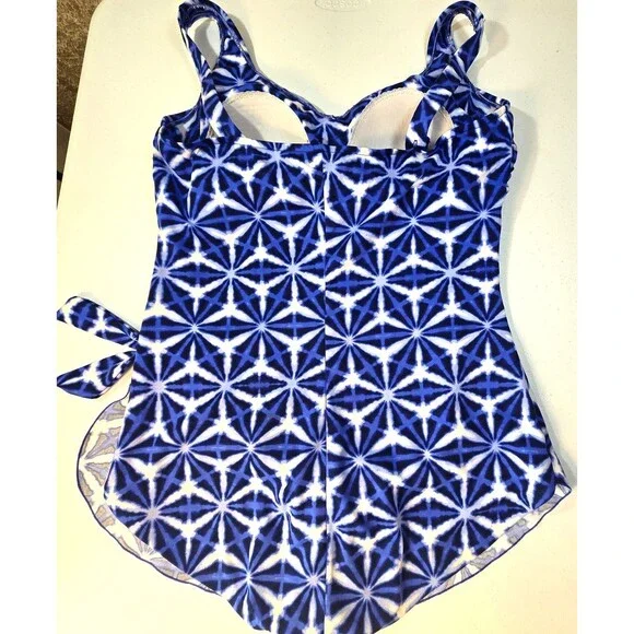 Maxine of Hollywood One Piece Swimdress Blue/White Geometric Side Tie Size 20 - Picture 2 of 9